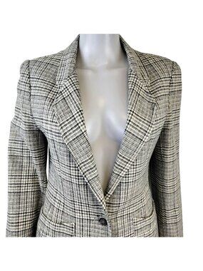 Vintage 70s Plaid Wool Blazer Jacket Women 8 Black Gray Suit Coat Formal Work M